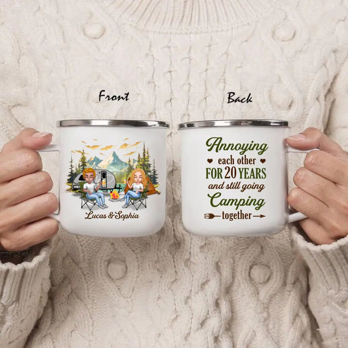 Custom Personalized Camping Couple Enamel - Gift Idea For Camping Lover/Couple - Annoying Each Other For 20 Years And Still Going Camping Together